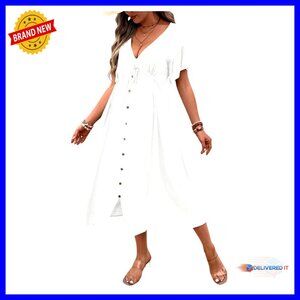Maternity Midi Dress V-Neck Ruffle Sleeve Drawstring Waist Flowy Casual